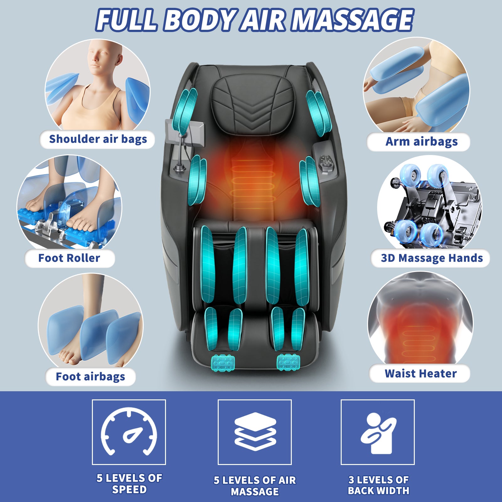 HealthRelife 3D Massage Chair Full Body Recliner - Zero Gravity with Heat, 12 Auto-Massage Modes, Shiatsu Foot Massage, with 55“ SL-Track,28 Airbags Massage, Foot Rollers,Free Dust Cover (Black)